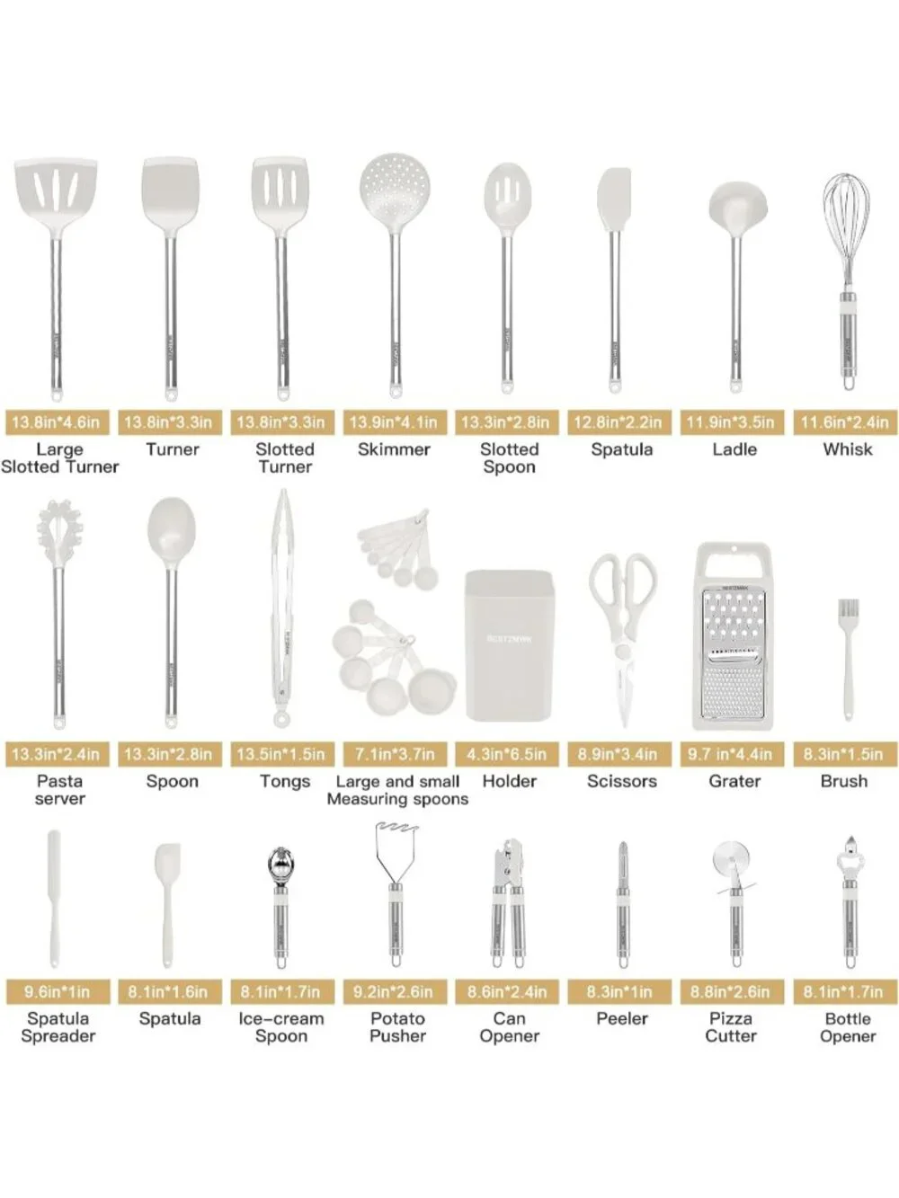 Kitchen Utensil Set-Silicone Cooking 33 Nonstick Kitchen Gadgets & Spoons Cream